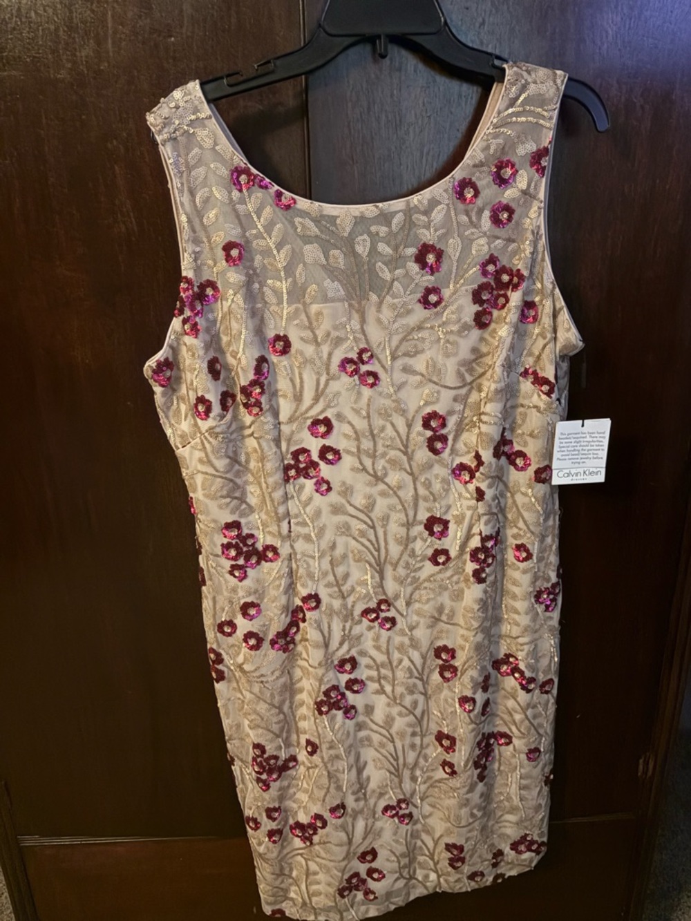 Calvin Klein Beige Midi Dress with Pink Floral Embroidery
